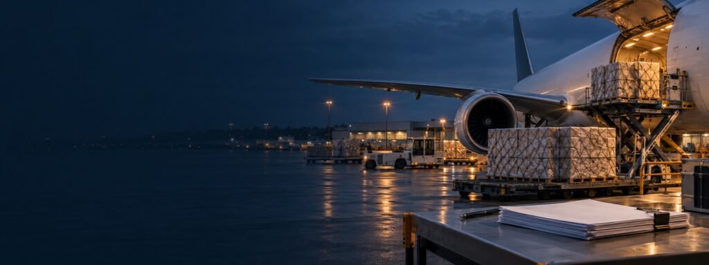 Unbranded cargo aircraft and secured air-freight pallets beside blank shipment-review documents