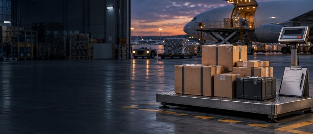 Battery shipping cartons on an air-cargo scale for a package quantity review