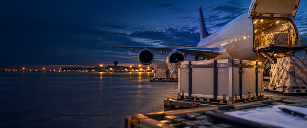 Secured lithium battery cargo beside an unbranded freighter aircraft for Cargo Aircraft Only route review