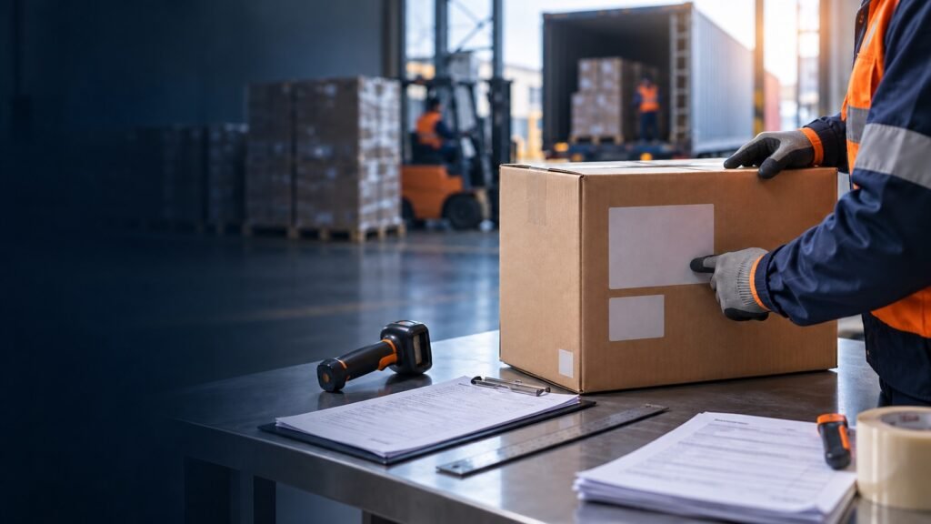 Logistics specialist reviewing blank package label areas before international shipment