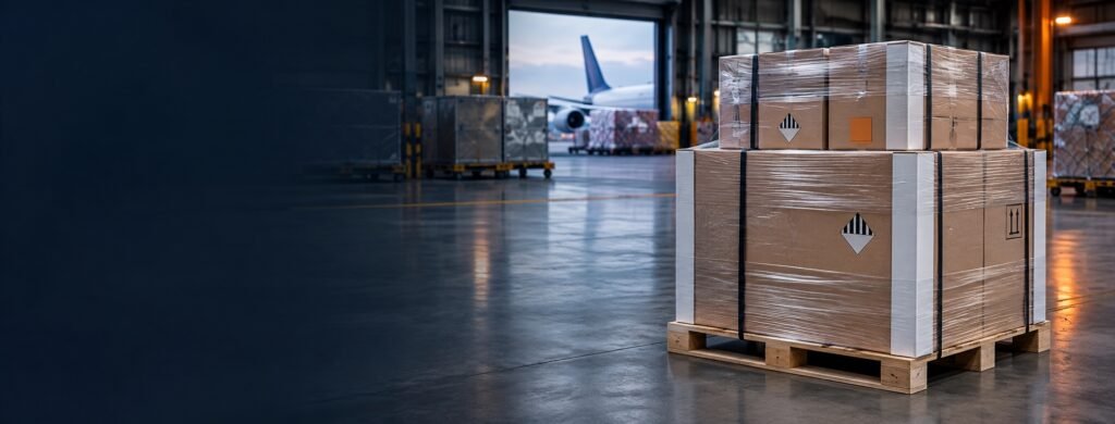 Lithium battery packages secured on a pallet inside an air-cargo warehouse, illustrating an overpack handling unit.