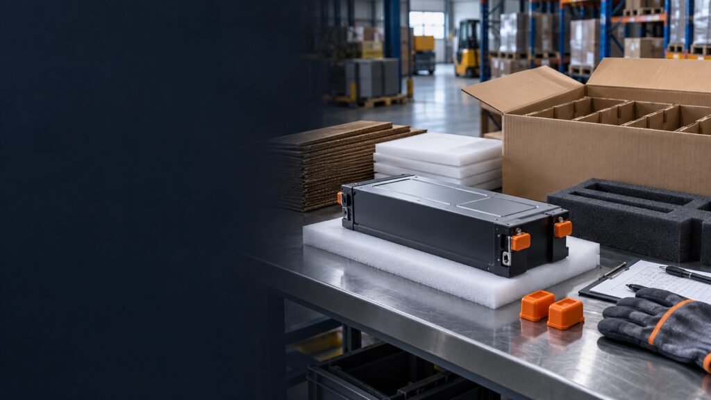 Lithium battery package layers being reviewed at a freight warehouse workbench