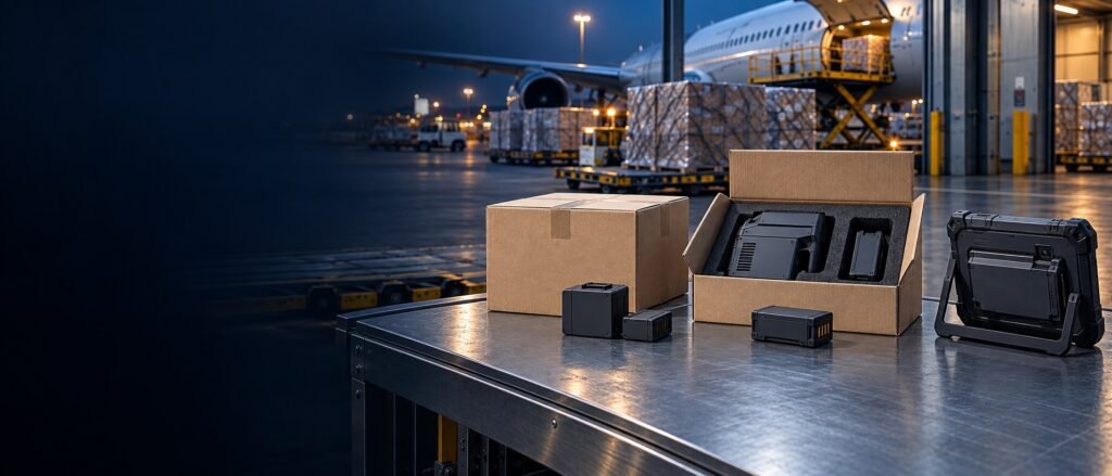 Three lithium battery and equipment packing configurations arranged for review at an air cargo terminal.