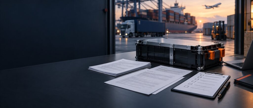 Lithium battery module beside SDS and shipping review documents