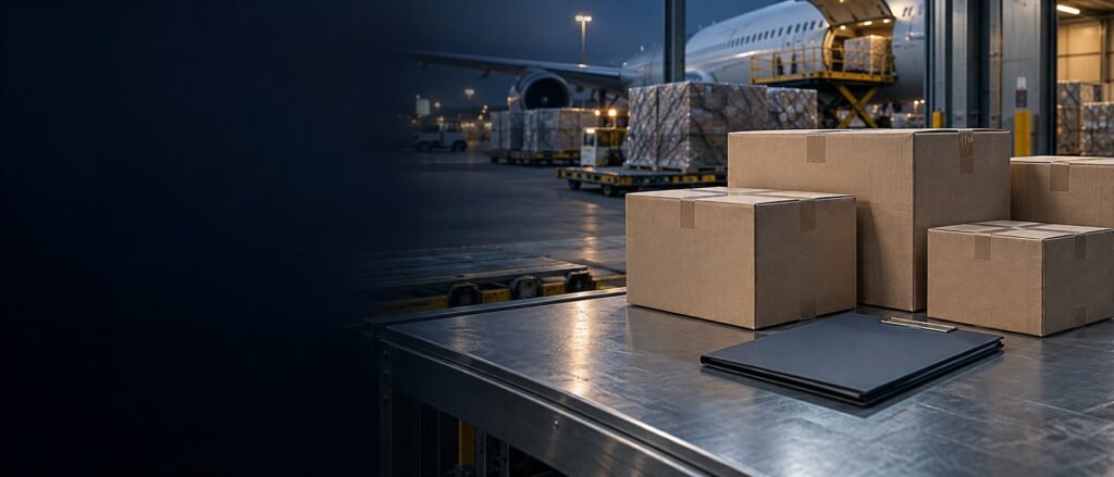 Prepared lithium battery air-cargo packages beside a closed technical data folder in a cargo terminal.