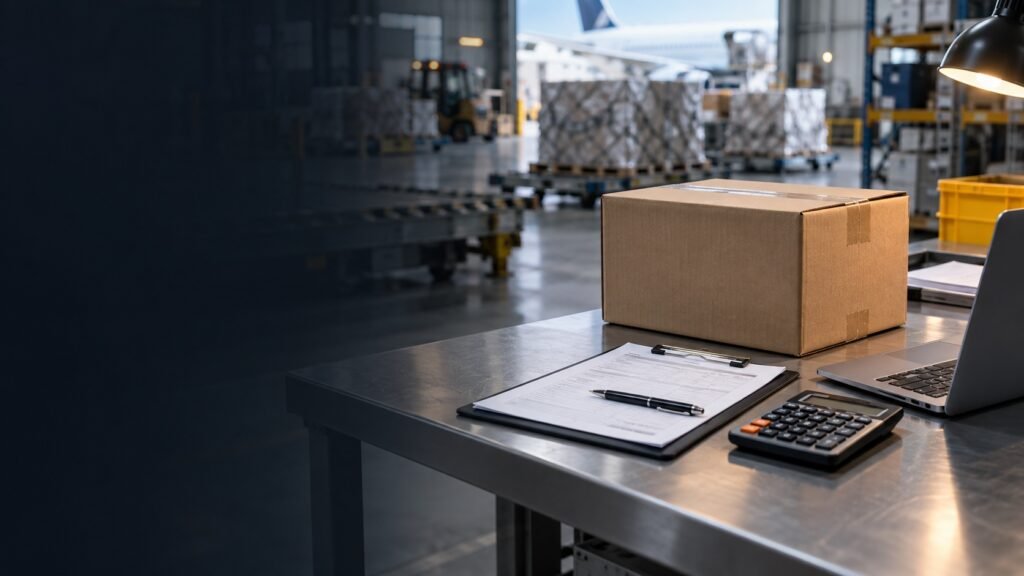 Air cargo documentation and lithium battery package being reviewed before shipment