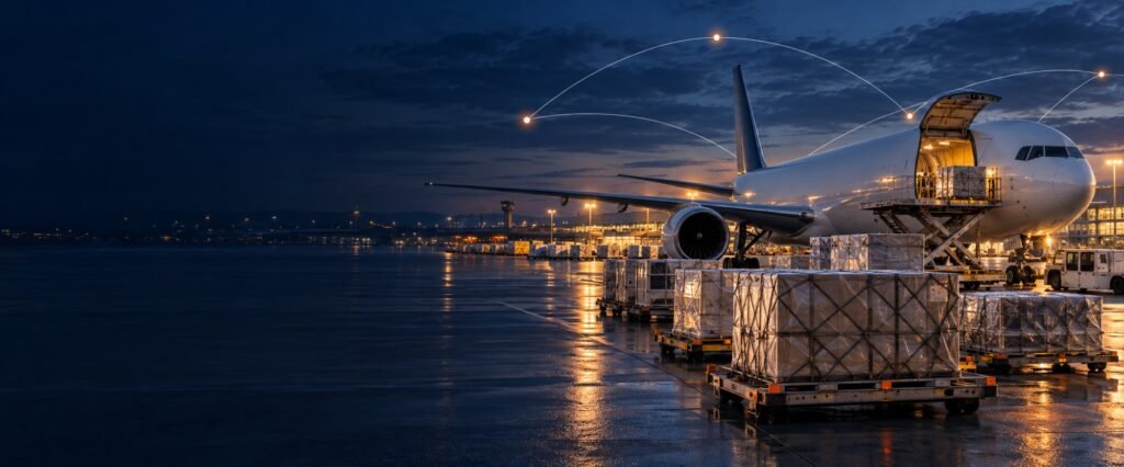 Unbranded cargo aircraft and secured air-freight pallets connected by route-review nodes for State and operator variation checks
