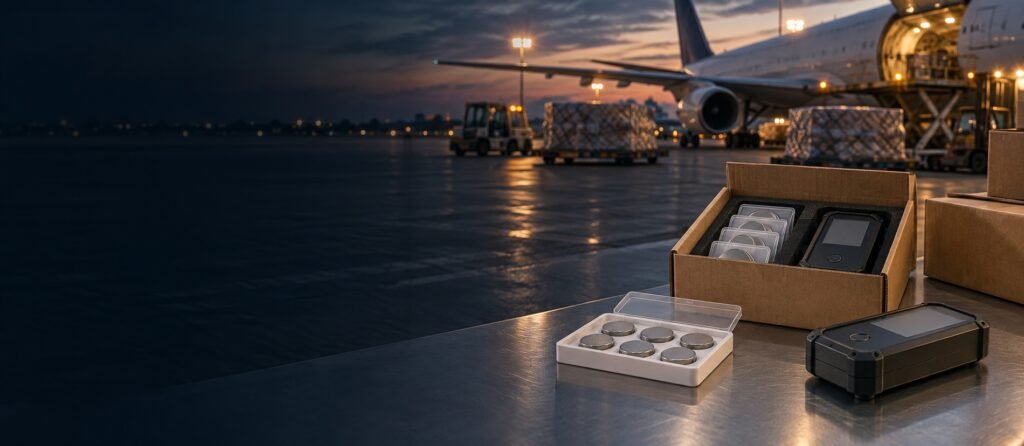 Illustrative lithium-metal cells and battery-powered equipment beside an air-cargo ramp