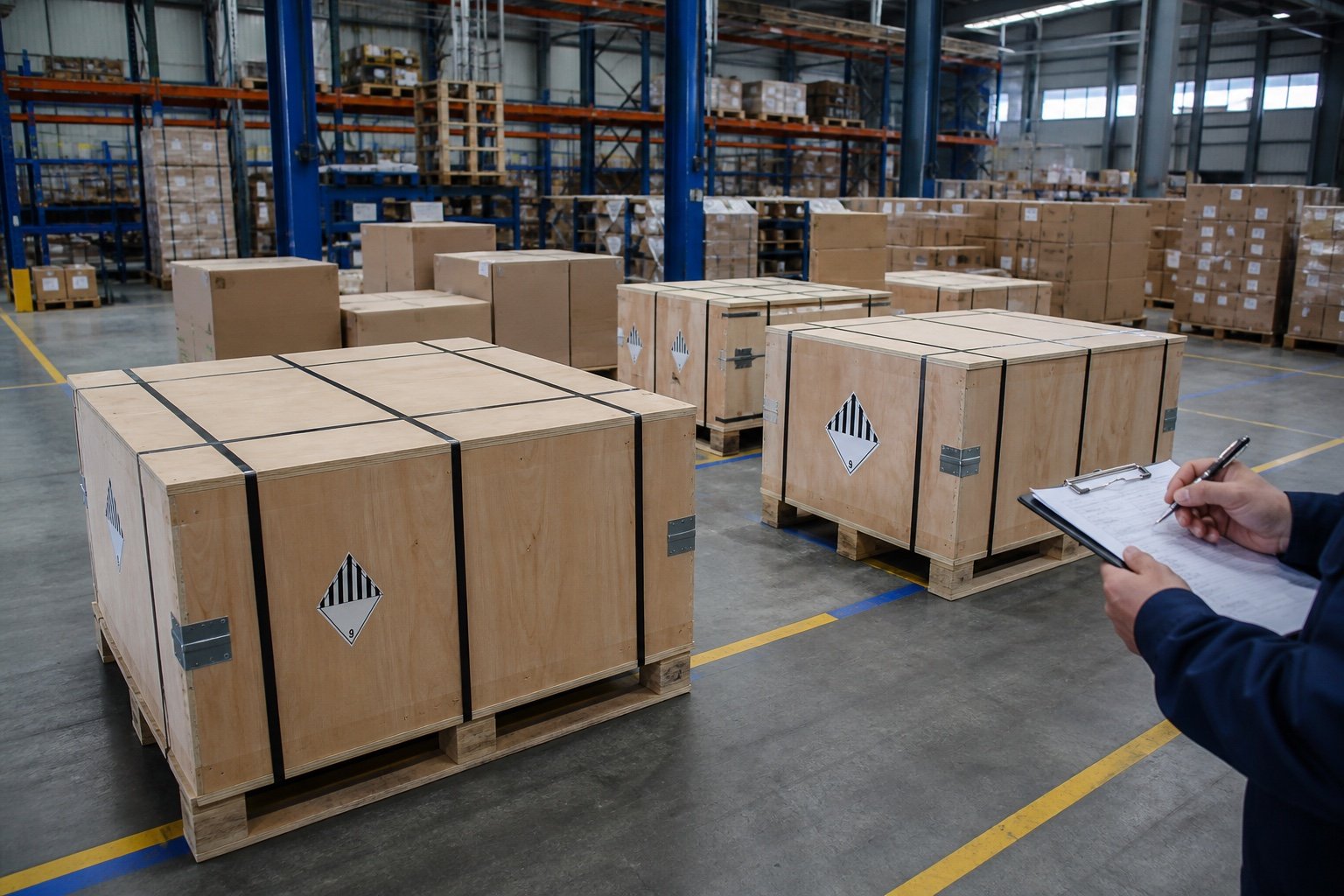 AI-generated warehouse review with secured plywood battery-shipping cases