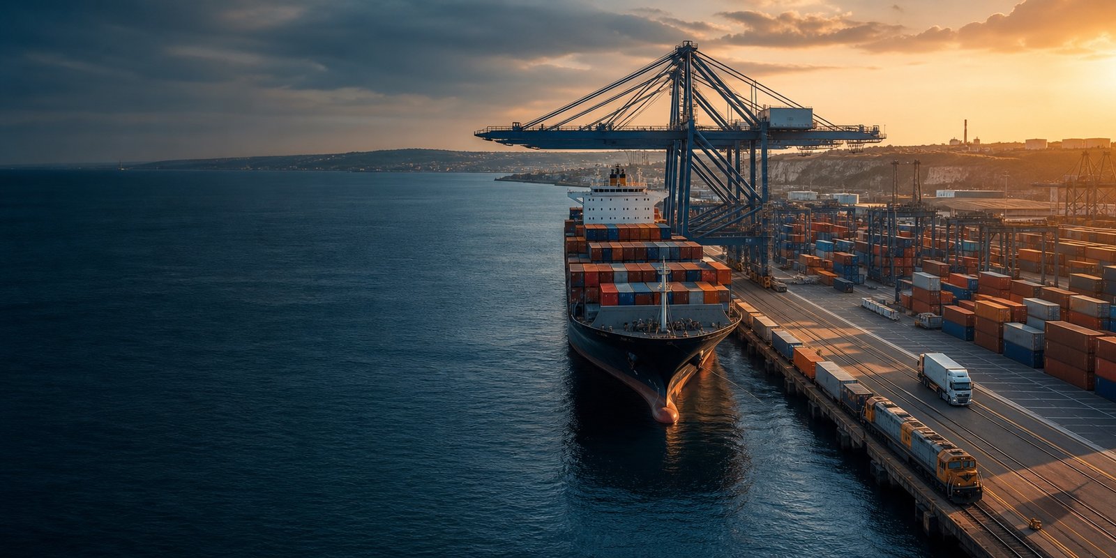 AI-generated Atlantic container port and intermodal scene for a Portugal freight route