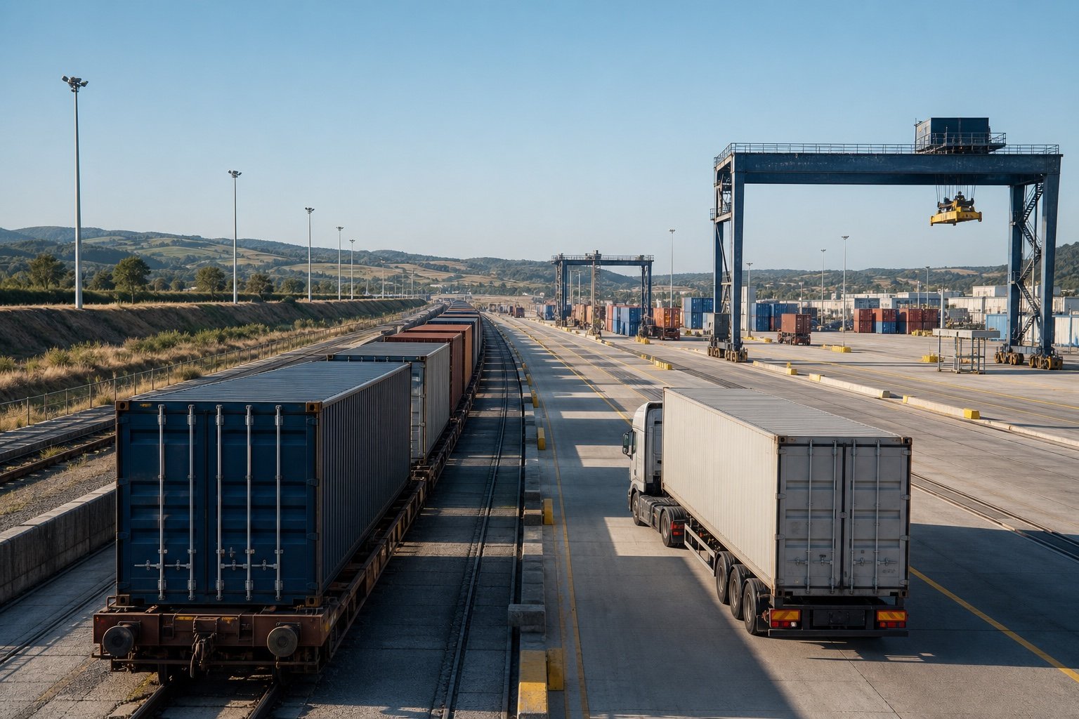 AI-generated rail and road freight handoff at a Portuguese inland terminal
