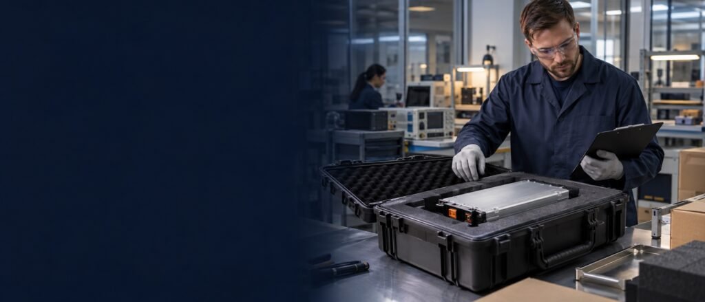 Engineer reviewing a prototype lithium battery module in a protective transport case