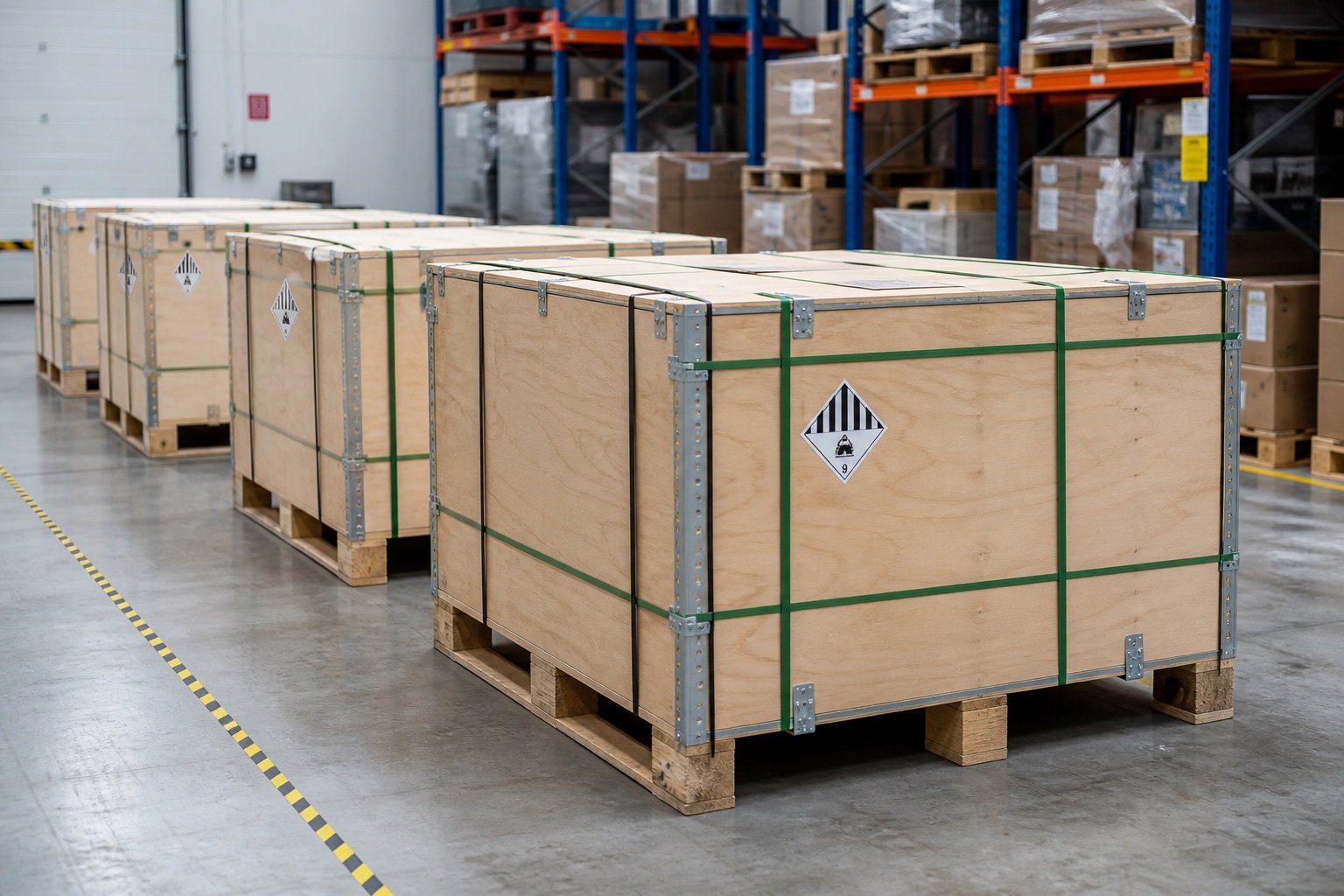 AI-generated export warehouse review with secured plywood battery-shipping cases