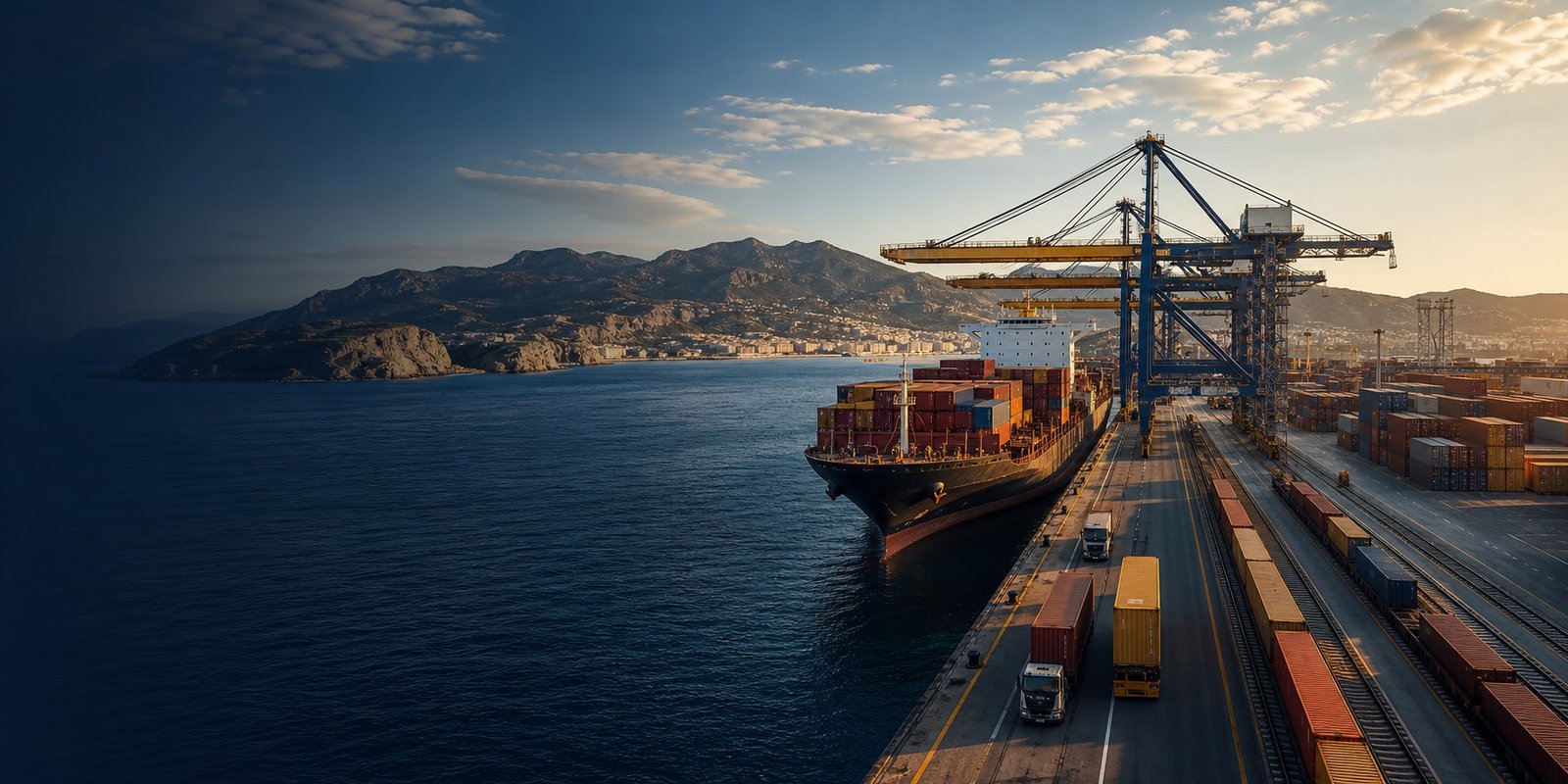 AI-generated Mediterranean container port and intermodal scene for a Spain freight route