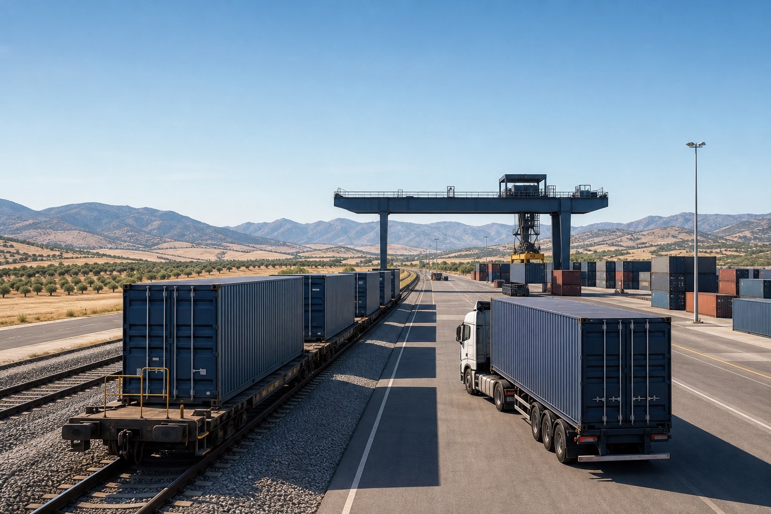 AI-generated rail and road freight handoff at a Spanish inland terminal