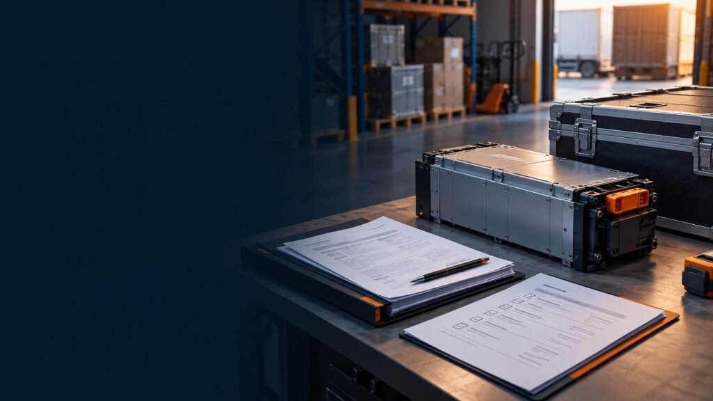 AI-generated illustration of a lithium battery module and test-summary documents prepared for shipping review