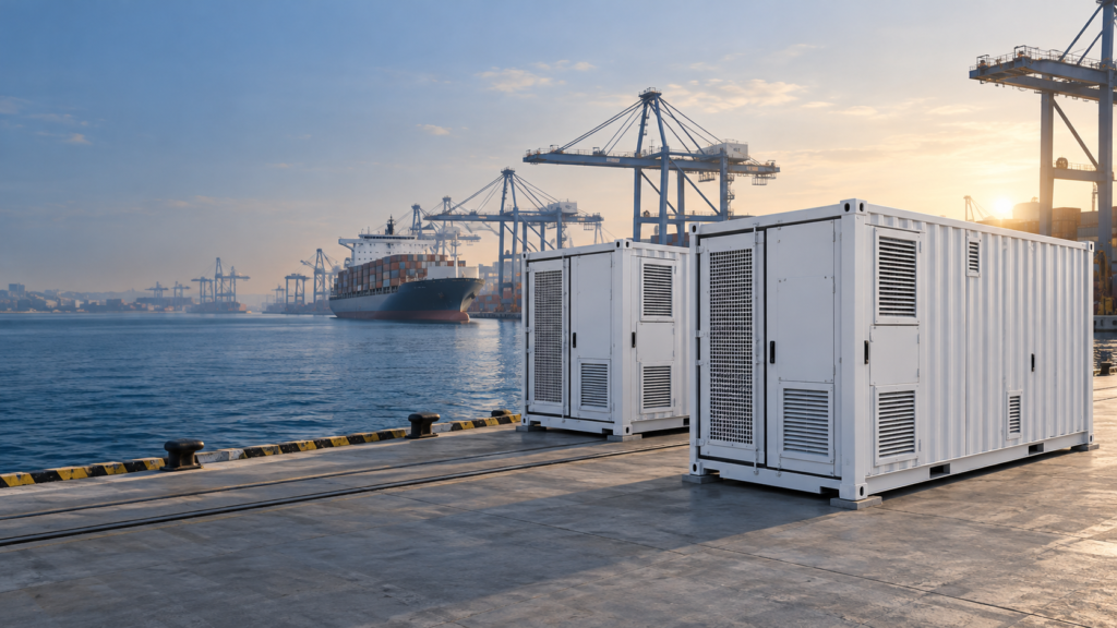 Conceptual illustration of containerized battery energy storage units at a cargo terminal